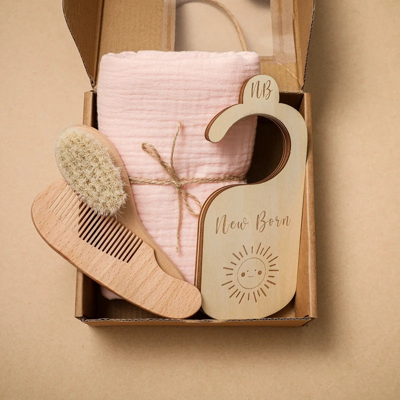 Baby Towel Bath Set Gift Box Cotton Blankets Newborn Milestone Cards Wooden Ring Rabbit Rattle Infant Brush for Baby Birth Gift