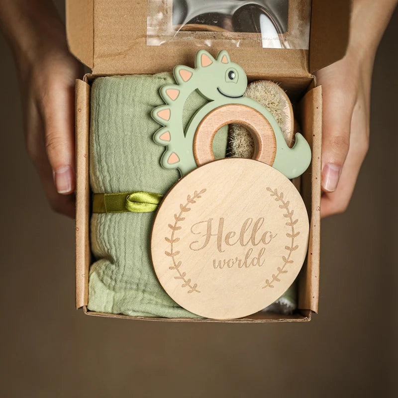 Baby Towel Bath Set Gift Box Cotton Blankets Newborn Milestone Cards Wooden Ring Rabbit Rattle Infant Brush for Baby Birth Gift