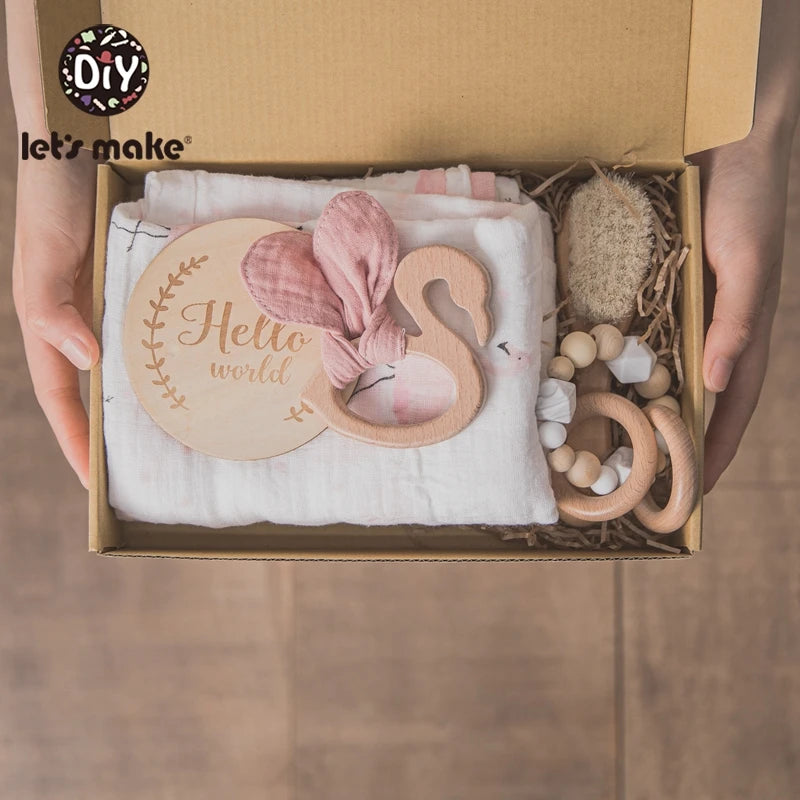 Baby Towel Bath Set Gift Box Cotton Blankets Newborn Milestone Cards Wooden Ring Rabbit Rattle Infant Brush for Baby Birth Gift