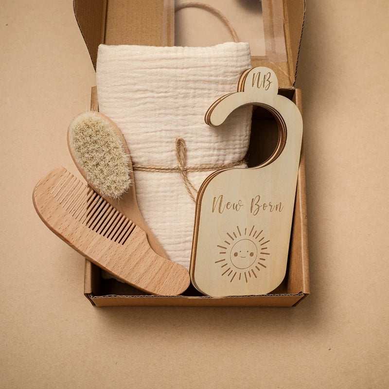 Baby Towel Bath Set Gift Box Cotton Blankets Newborn Milestone Cards Wooden Ring Rabbit Rattle Infant Brush for Baby Birth Gift