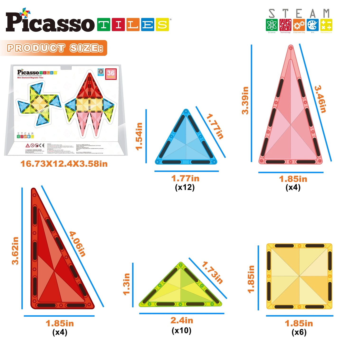 PICASSO-TILES Magnetic Tiles for Kids, Travel Size 36PCS Construction STEM Building Blocks Educational Toy