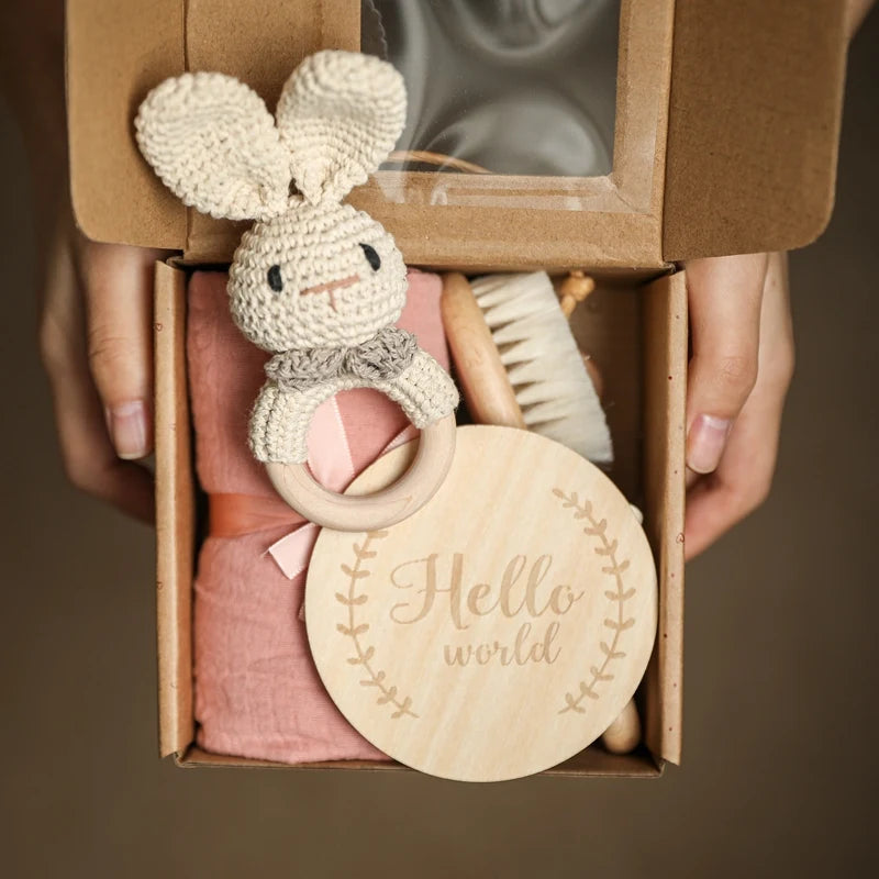Baby Towel Bath Set Gift Box Cotton Blankets Newborn Milestone Cards Wooden Ring Rabbit Rattle Infant Brush for Baby Birth Gift