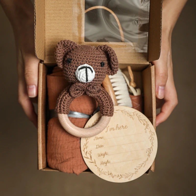 Baby Towel Bath Set Gift Box Cotton Blankets Newborn Milestone Cards Wooden Ring Rabbit Rattle Infant Brush for Baby Birth Gift