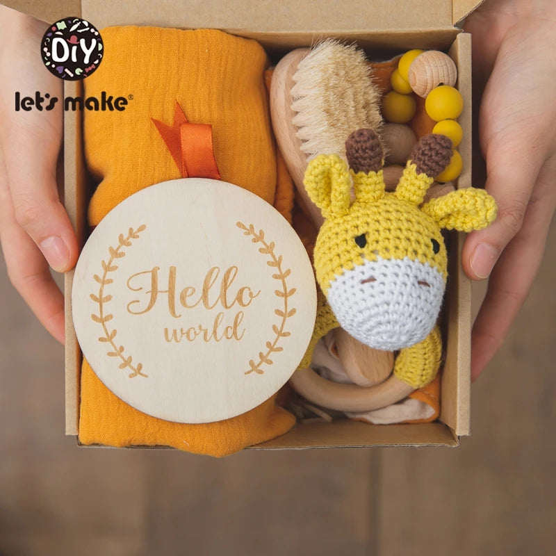 Baby Towel Bath Set Gift Box Cotton Blankets Newborn Milestone Cards Wooden Ring Rabbit Rattle Infant Brush for Baby Birth Gift