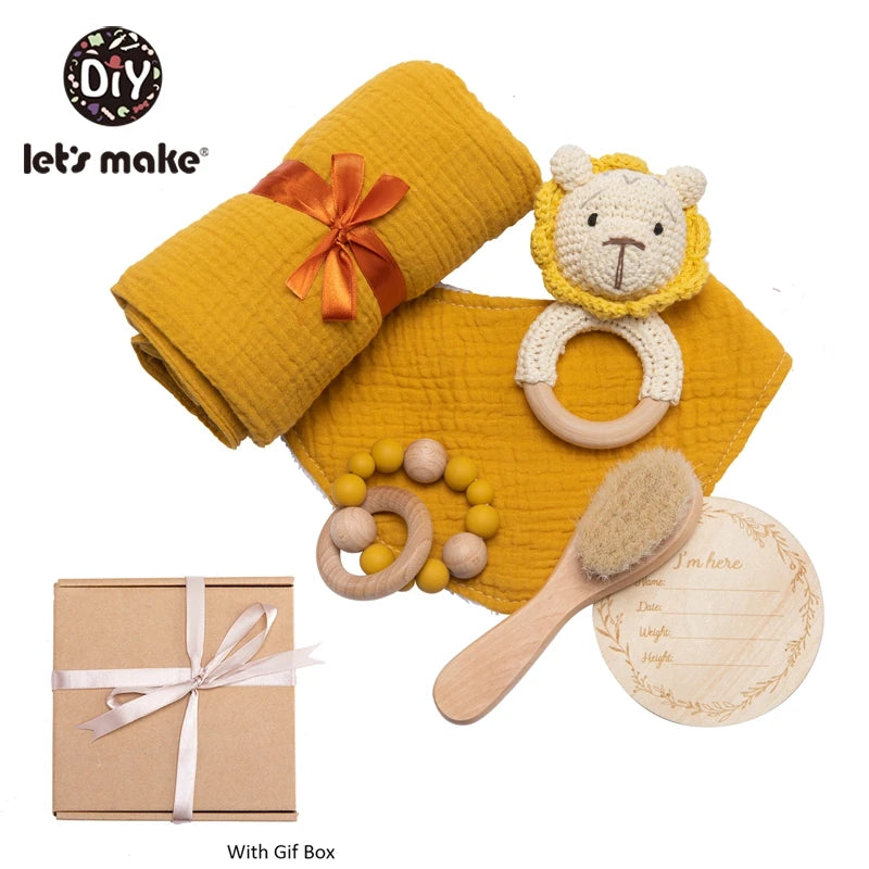 Baby Towel Bath Set Gift Box Cotton Blankets Newborn Milestone Cards Wooden Ring Rabbit Rattle Infant Brush for Baby Birth Gift