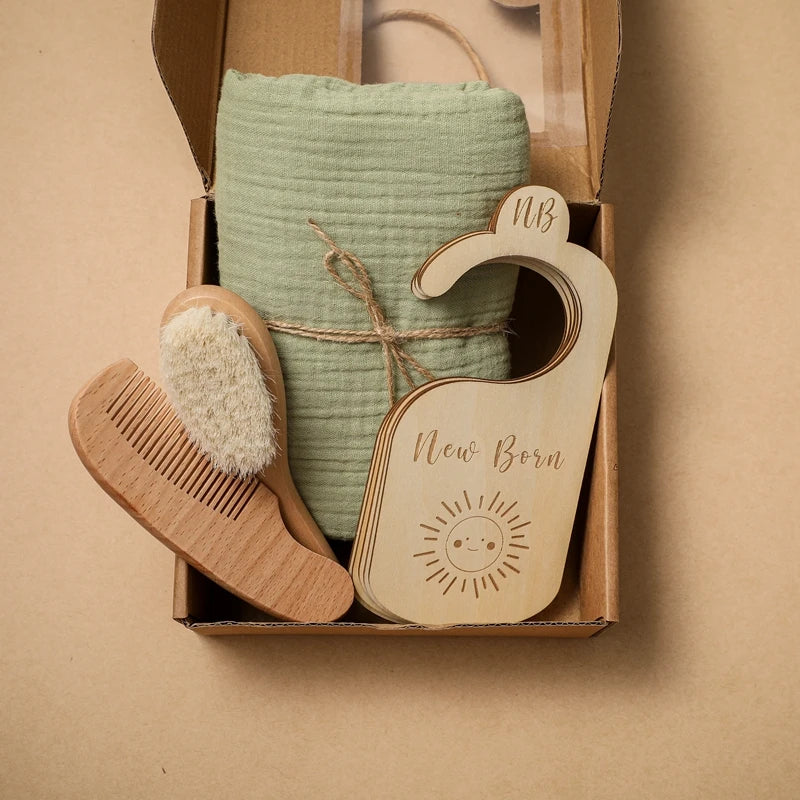 Baby Towel Bath Set Gift Box Cotton Blankets Newborn Milestone Cards Wooden Ring Rabbit Rattle Infant Brush for Baby Birth Gift