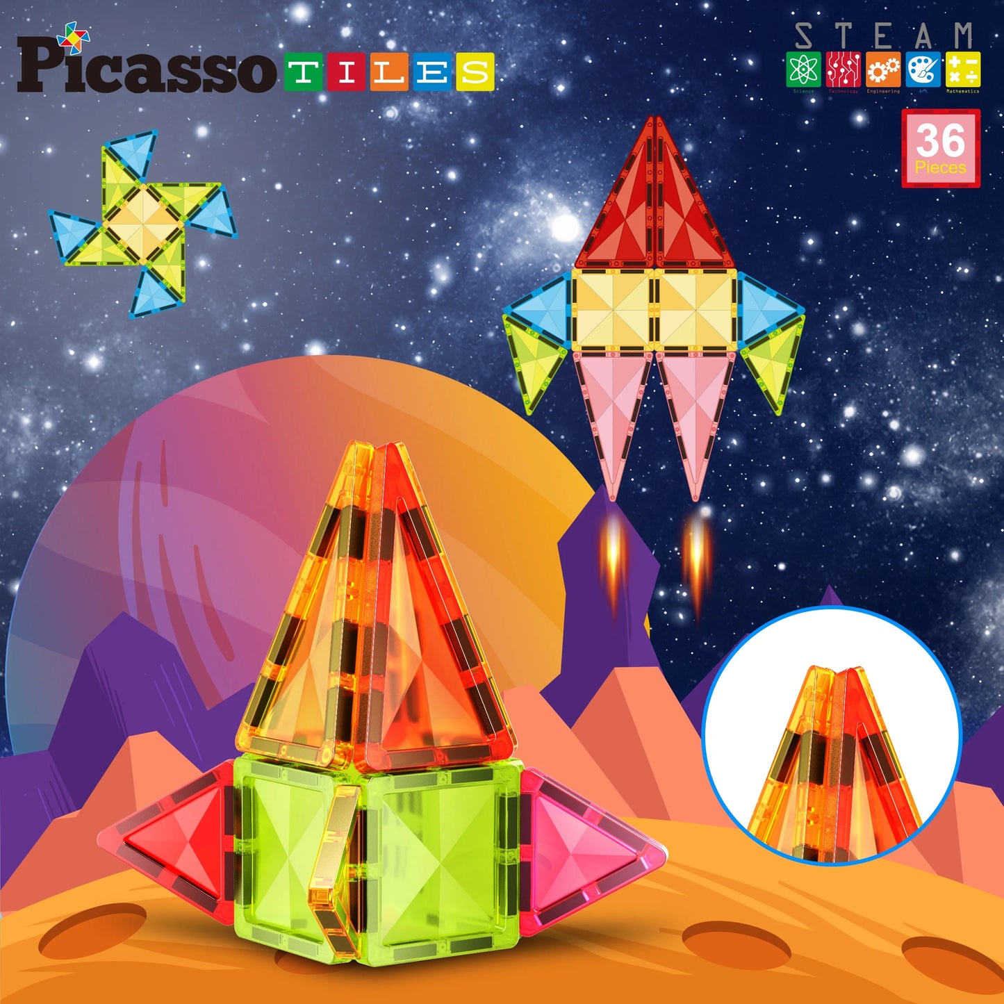 PICASSO-TILES Magnetic Tiles for Kids, Travel Size 36PCS Construction STEM Building Blocks Educational Toy