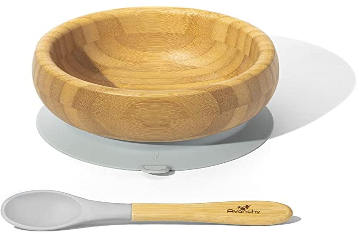 Bamboo Baby Bowl with Spoon and Removable Silicone Suction Base – Non-Toxic, Bpa-Free Feeding Bowl for Babies and Toddlers – Natural Bamboo Suction Bowl, Gray