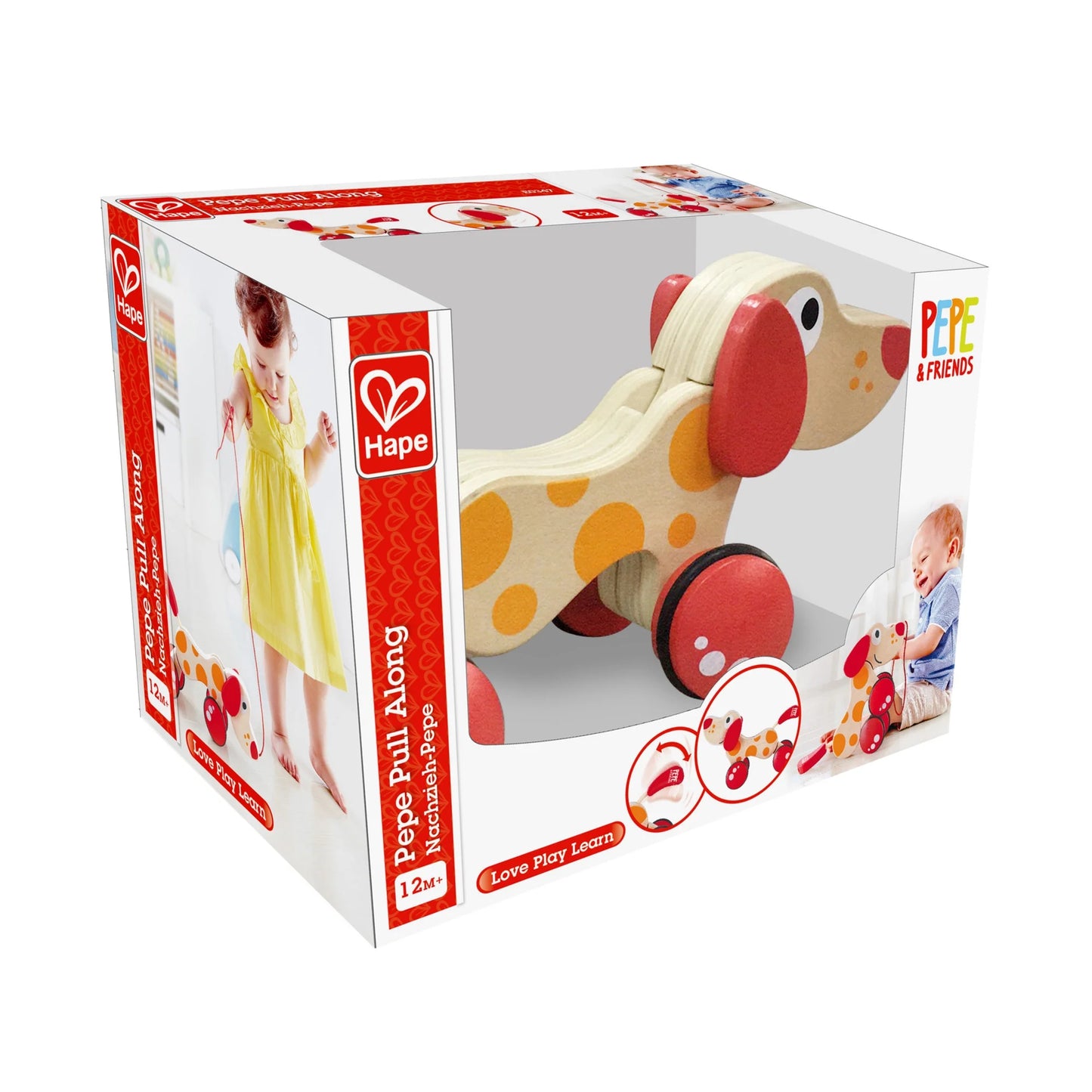 Walk-A-Long Pepe Puppy, Red & Orange Wooden Pull Toy