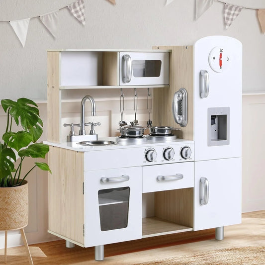 Kids Pretend Play Kitchen Set Wooden Kitchen Playset Interactive Toys for Toddler with Accessories