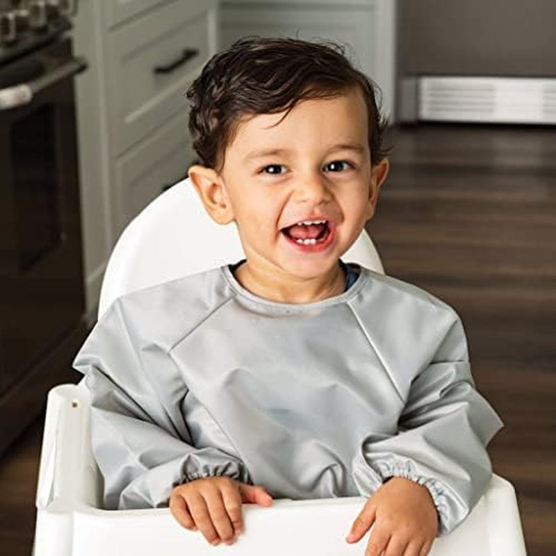Mess Proof Baby Bibs, 2Pk Waterproof Smock Baby Bibs for Eating, Machine Washable Long Sleeve Bibs, Baby Led Weaning, Toddler Bibs, BLW Supplies (Grey Indigo, Large 2-4 Years)