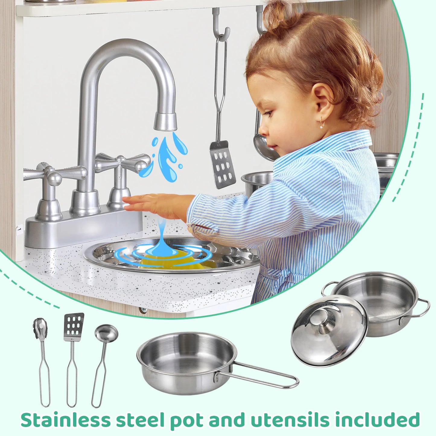 Kids Pretend Play Kitchen Set Wooden Kitchen Playset Interactive Toys for Toddler with Accessories