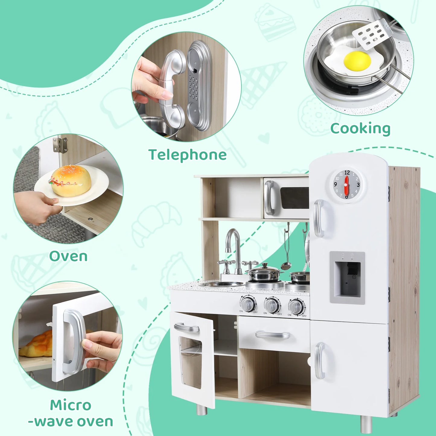 Kids Pretend Play Kitchen Set Wooden Kitchen Playset Interactive Toys for Toddler with Accessories