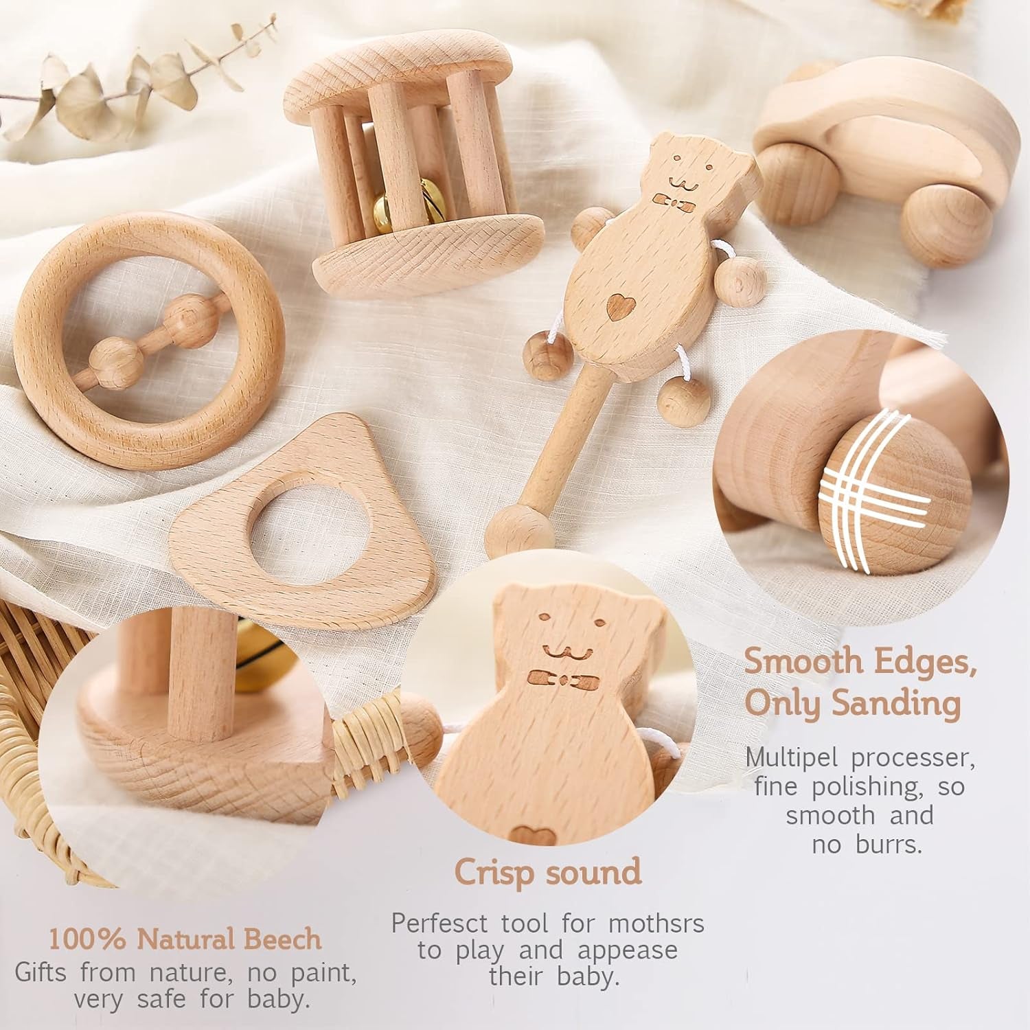 Puzzle Toys Montessori Rattle Set Infant Wooden Rattles Interesting Toy 5Pc Nursing Wooden Baby Toys