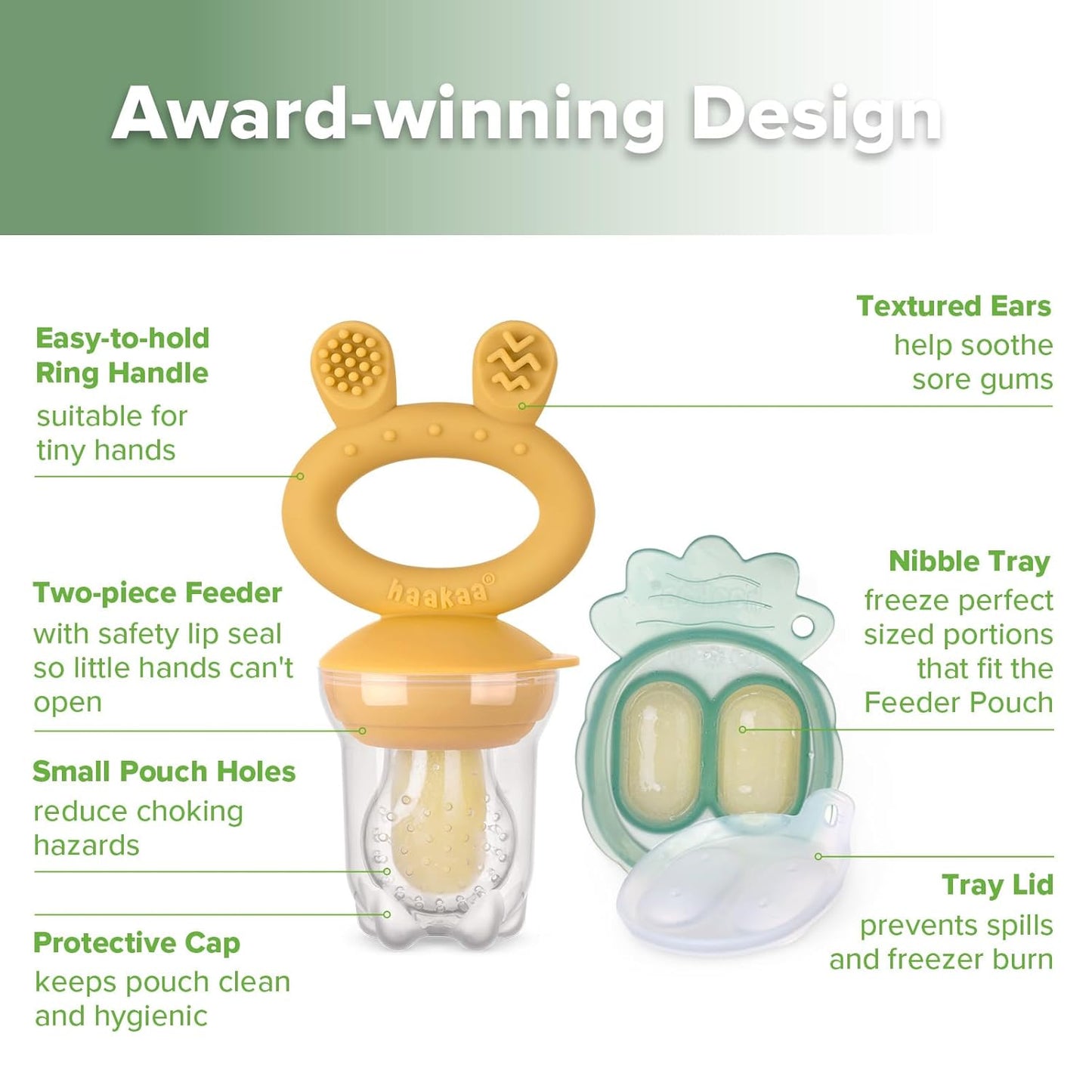 Baby Fruit Food Feeder & Mini Freezer Nibble Tray Combo, Breastmilk Popsicle Molds for Baby Cooling Relief, BPA Free Silicone Feeder for Safe Infant Self Feeding, 4 Month+ (Mustard)