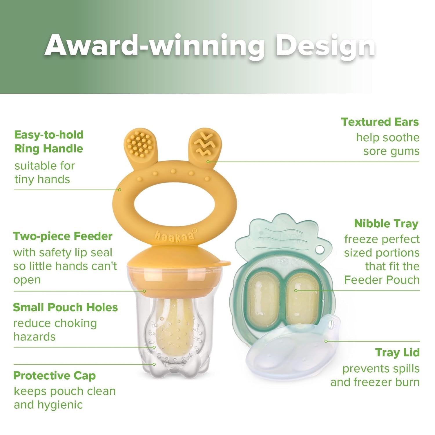 Baby Fruit Food Feeder & Mini Freezer Nibble Tray Combo, Breastmilk Popsicle Molds for Baby Cooling Relief, BPA Free Silicone Feeder for Safe Infant Self Feeding, 4 Month+ (Mustard)