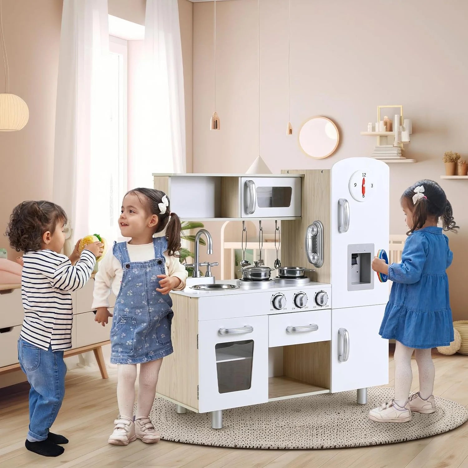 Kids Pretend Play Kitchen Set Wooden Kitchen Playset Interactive Toys for Toddler with Accessories