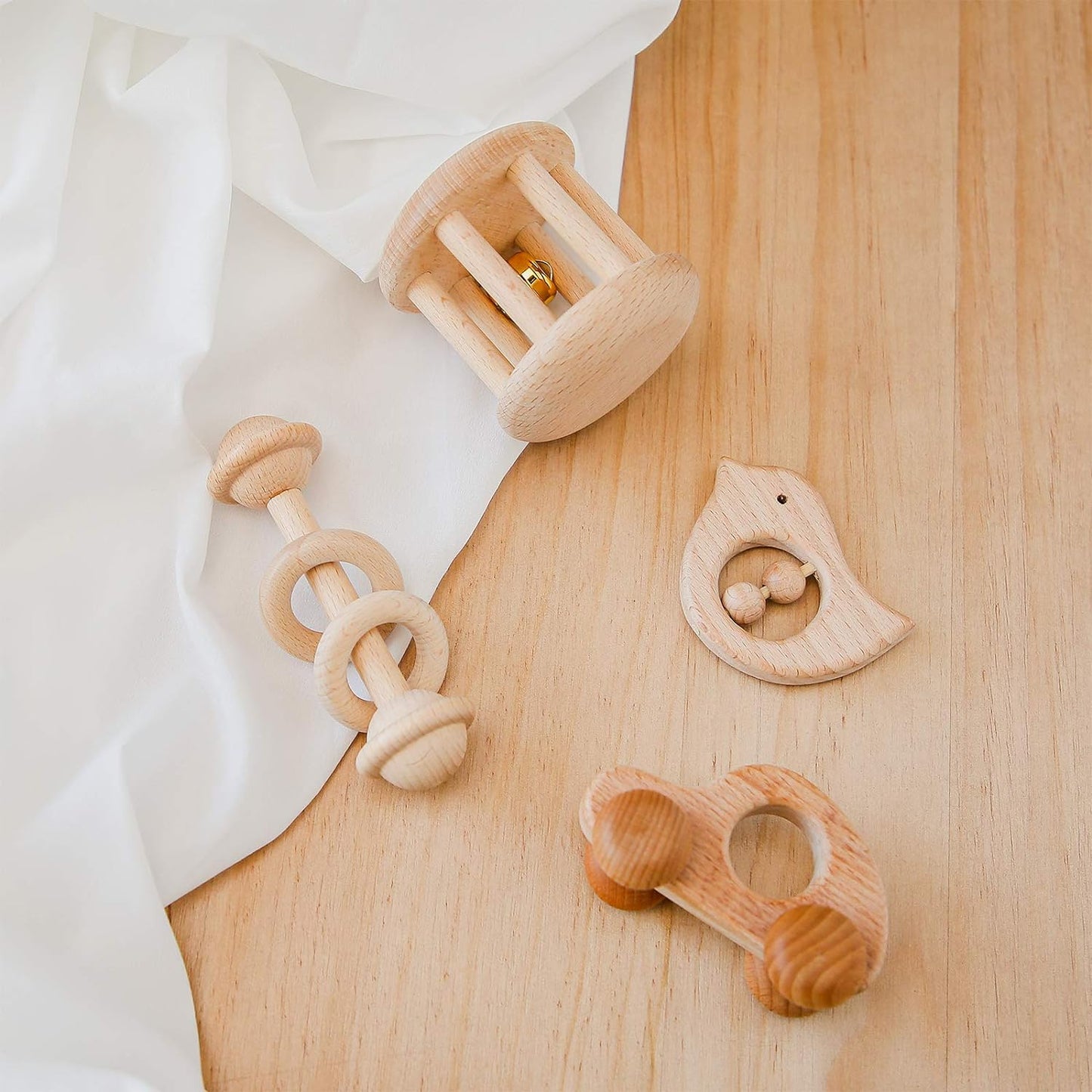 Wooden Baby Toys Montessori Toys Set Wooden Rattles Grasping Toys Wood Ring 4Pcs,Car Toy Set