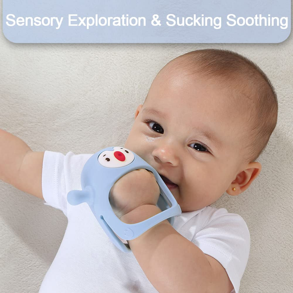 Baby Teething Toys for 0-6Months, Teethers for Babies 3-6Months | Penguin Teether | Hand Teether |Teething Mittens for Teething Relief, Baby Pacifier |New Born Essentials, Light Blue