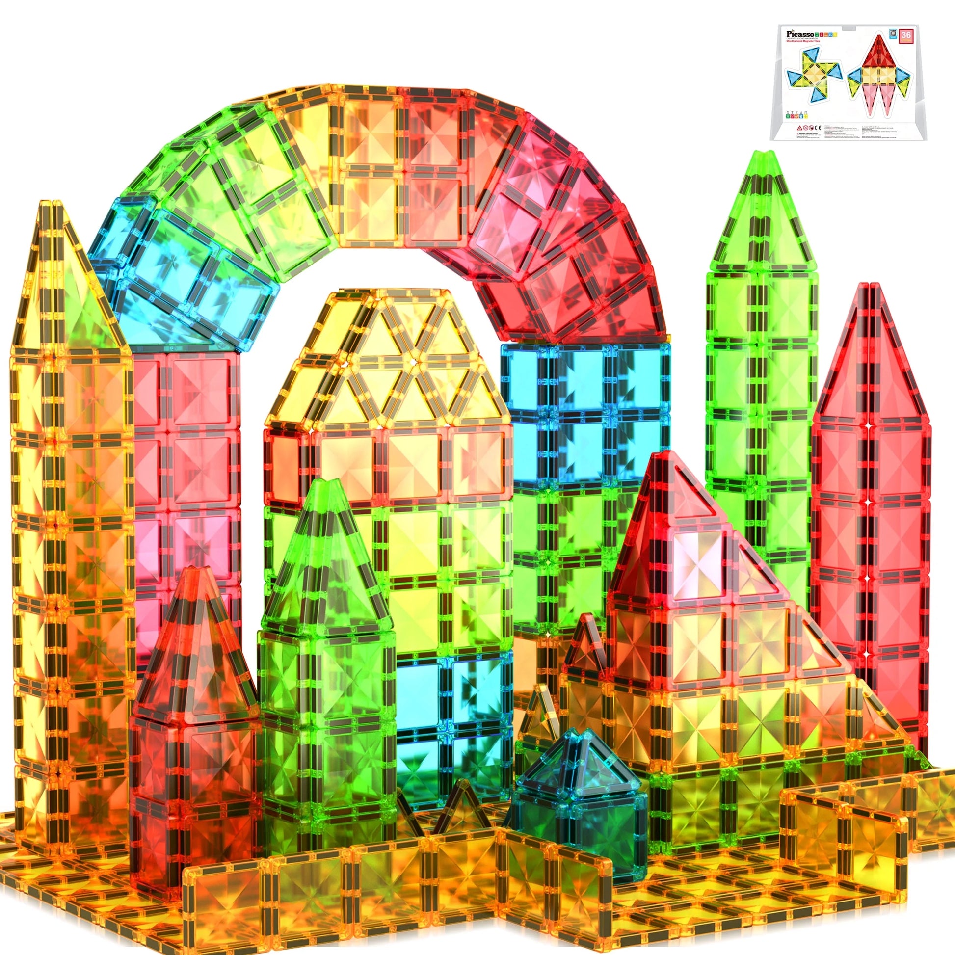 PICASSO-TILES Magnetic Tiles for Kids, Travel Size 36PCS Construction STEM Building Blocks Educational Toy