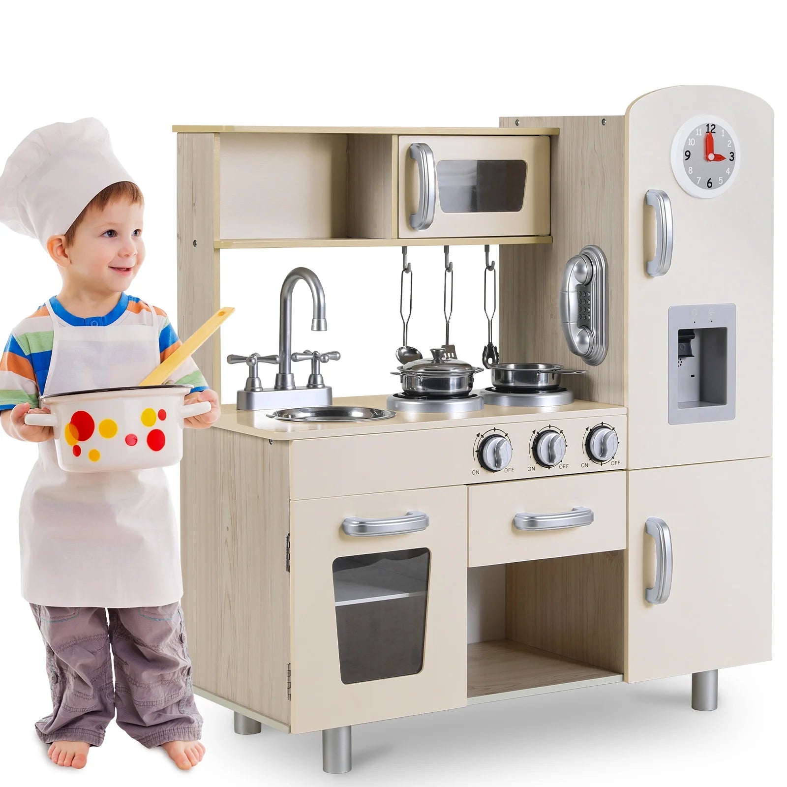 Play Kitchen for Kids, Wooden Kitchen Playset Toddler Interactive Toy with Sounds & Lights, Telephone, Water Dispenser & Cookware Accessories