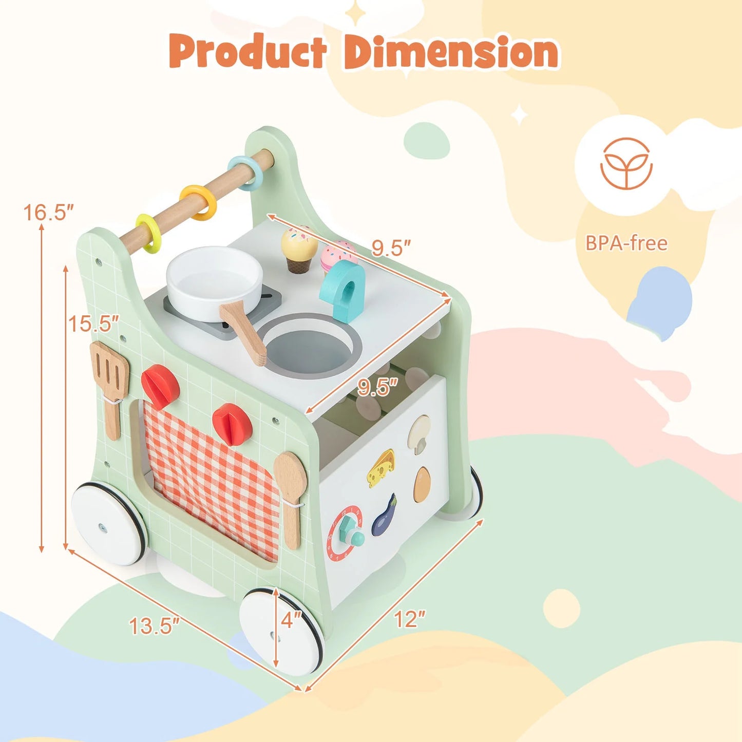 6-In-1 Baby Push Walker Wooden Strollers Learning Activity Center Toy with Kitchen 12+ Months+