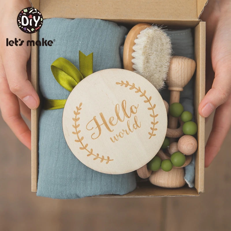 Baby Towel Bath Set Gift Box Cotton Blankets Newborn Milestone Cards Wooden Ring Rabbit Rattle Infant Brush for Baby Birth Gift