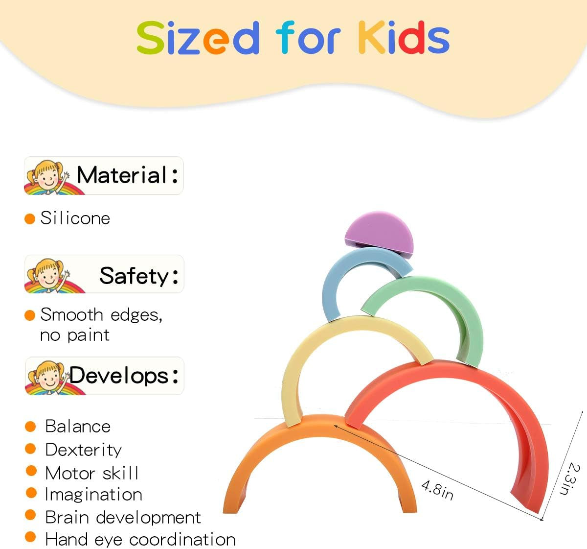 Rainbow Stacker Toys 6Pcs Building Blocks Set Silicone Stacking Toy Early Matching Educational Montessori Toys , Orange Series