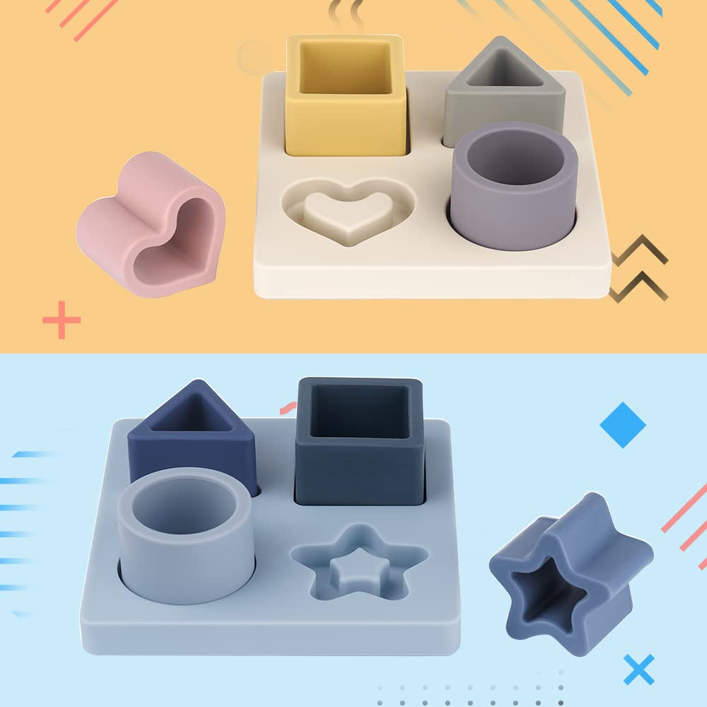 Baby Silicone Shape Puzzle & Teething Toys, Stacking Blocks Montessori Toys for 3M+ Babies, Bpa-Free. Starlight