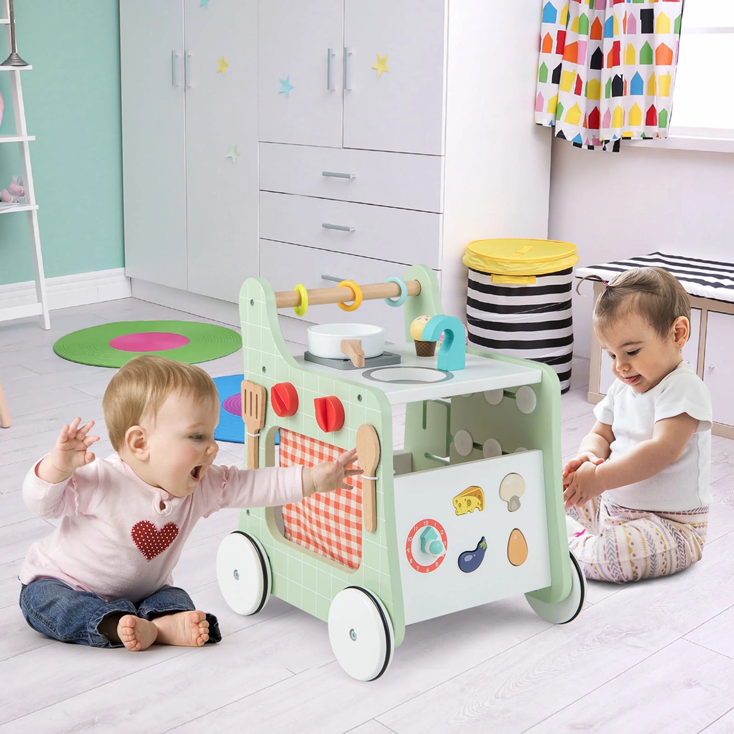 6-In-1 Baby Push Walker Wooden Strollers Learning Activity Center Toy with Kitchen 12+ Months+