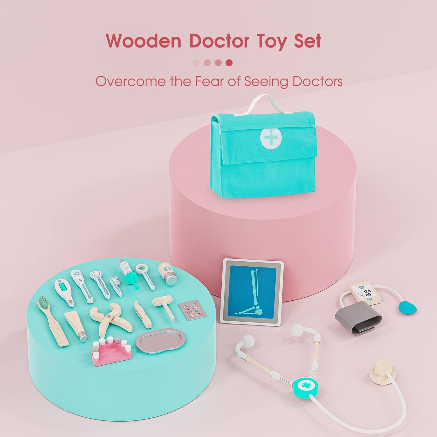Liphontcta Looden Doctor Toy Playset,18-Pcs Dentist Toolbox Medical Kit Garden Sculpture Outdoor Decoration