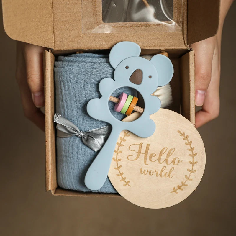 Baby Towel Bath Set Gift Box Cotton Blankets Newborn Milestone Cards Wooden Ring Rabbit Rattle Infant Brush for Baby Birth Gift