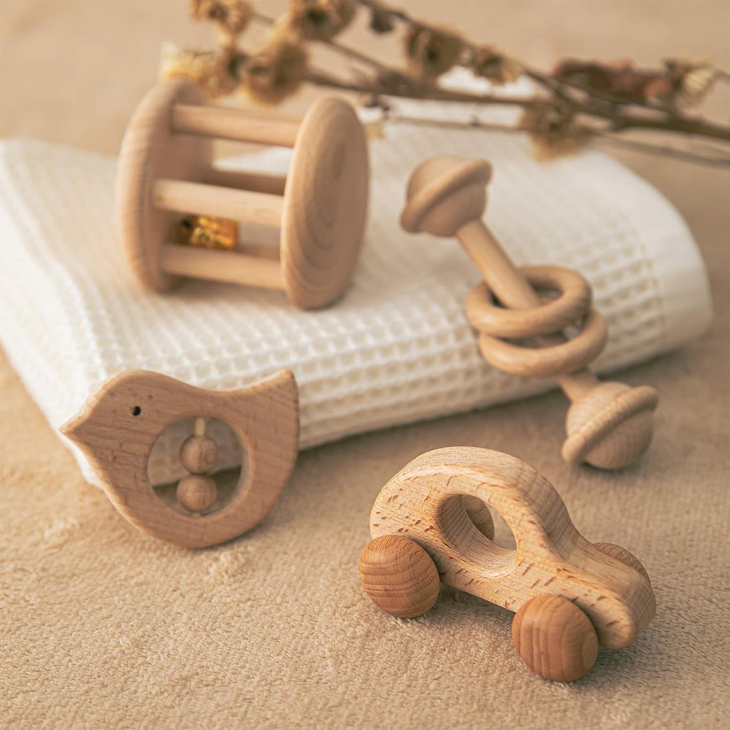Wooden Baby Toys Montessori Toys Set Wooden Rattles Grasping Toys Wood Ring 4Pcs,Car Toy Set