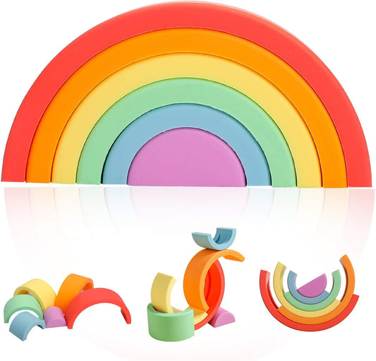 Rainbow Stacker Toys 6Pcs Building Blocks Set Silicone Stacking Toy Early Matching Educational Montessori Toys , Orange Series