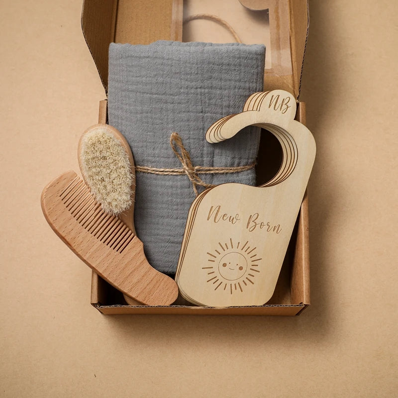 Baby Towel Bath Set Gift Box Cotton Blankets Newborn Milestone Cards Wooden Ring Rabbit Rattle Infant Brush for Baby Birth Gift