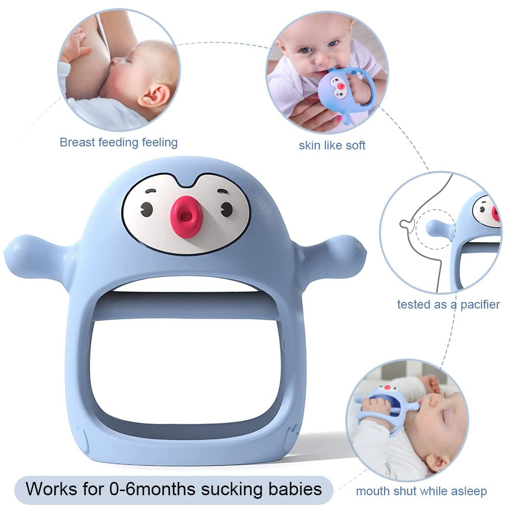 Baby Teething Toys for 0-6Months, Teethers for Babies 3-6Months | Penguin Teether | Hand Teether |Teething Mittens for Teething Relief, Baby Pacifier |New Born Essentials, Light Blue