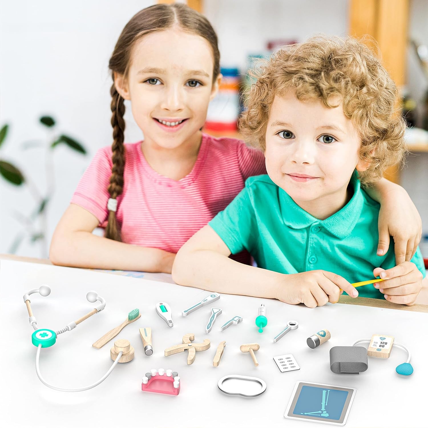 Liphontcta Looden Doctor Toy Playset,18-Pcs Dentist Toolbox Medical Kit Garden Sculpture Outdoor Decoration
