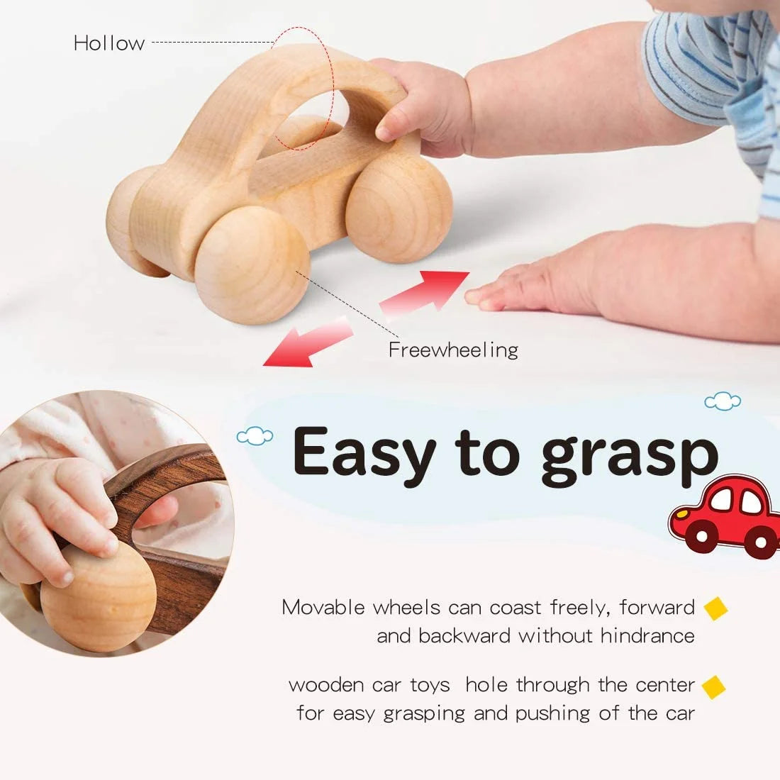 Organic Baby Push Car Wooden Toys 2Pc Wood Car and Fine Movement Development and Infant Grasping Montessori Toys