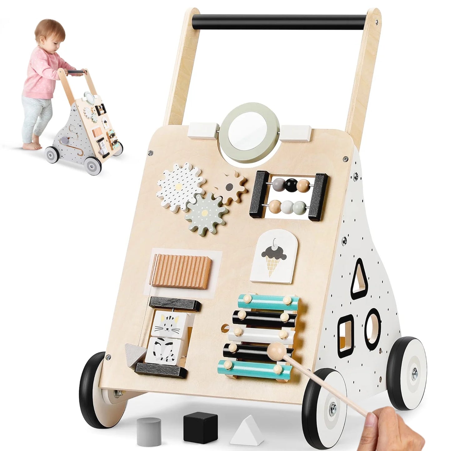 Wooden Baby Push Walker,  9 in 1 Baby Learning Walking Toys with Wheels for 1 Year Old Up, Develops Motor Skills and Stimulates Creativity, Todler Walker for Boys and Girls