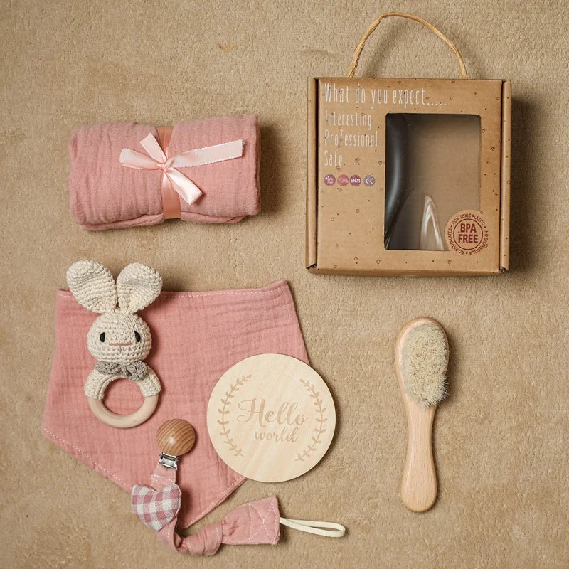 Baby Towel Bath Set Gift Box Cotton Blankets Newborn Milestone Cards Wooden Ring Rabbit Rattle Infant Brush for Baby Birth Gift