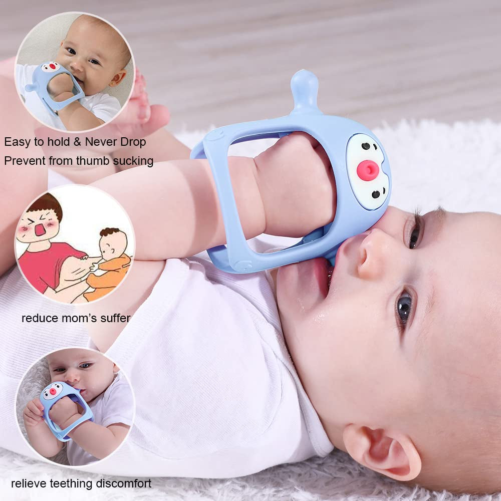 Baby Teething Toys for 0-6Months, Teethers for Babies 3-6Months | Penguin Teether | Hand Teether |Teething Mittens for Teething Relief, Baby Pacifier |New Born Essentials, Light Blue
