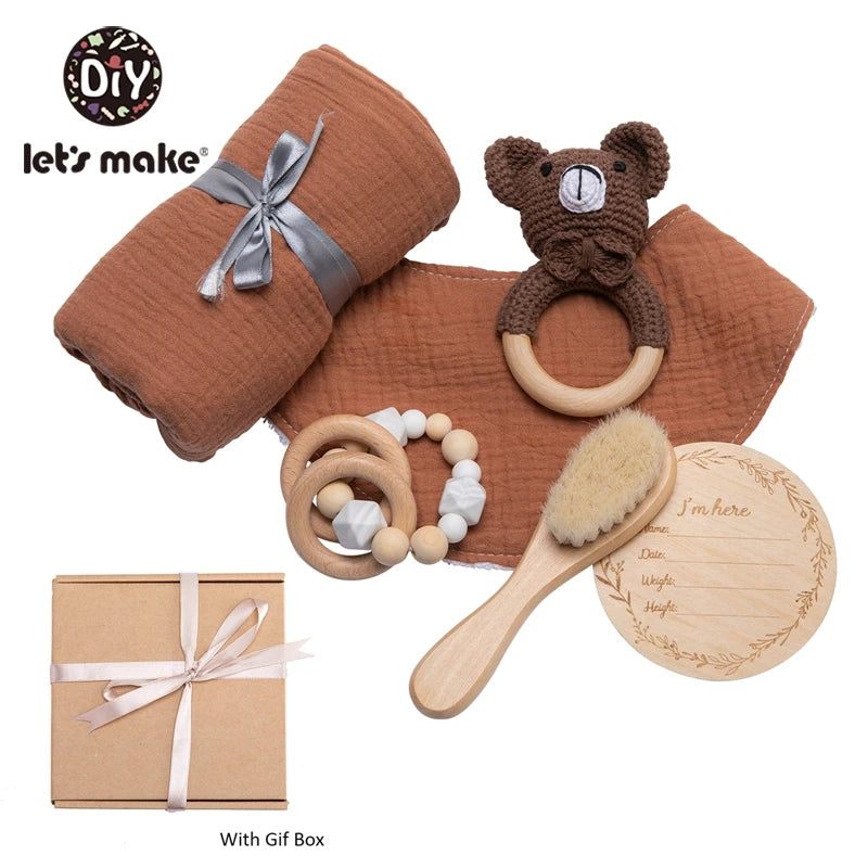 Baby Towel Bath Set Gift Box Cotton Blankets Newborn Milestone Cards Wooden Ring Rabbit Rattle Infant Brush for Baby Birth Gift