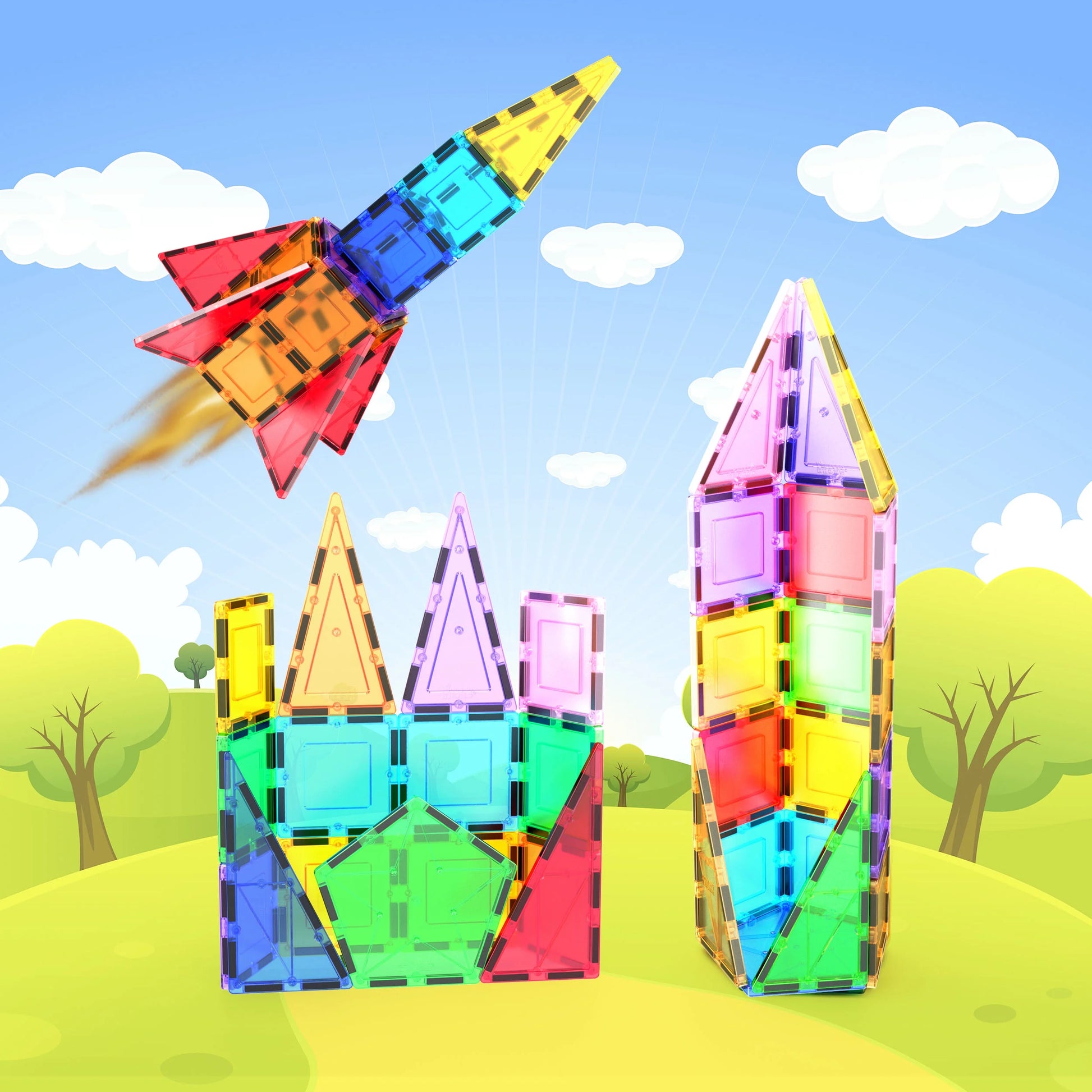 PICASSO-TILES Magnetic Tiles for Kids, 32PCS Rocket Theme Construction STEM Building Blocks Educational Toy