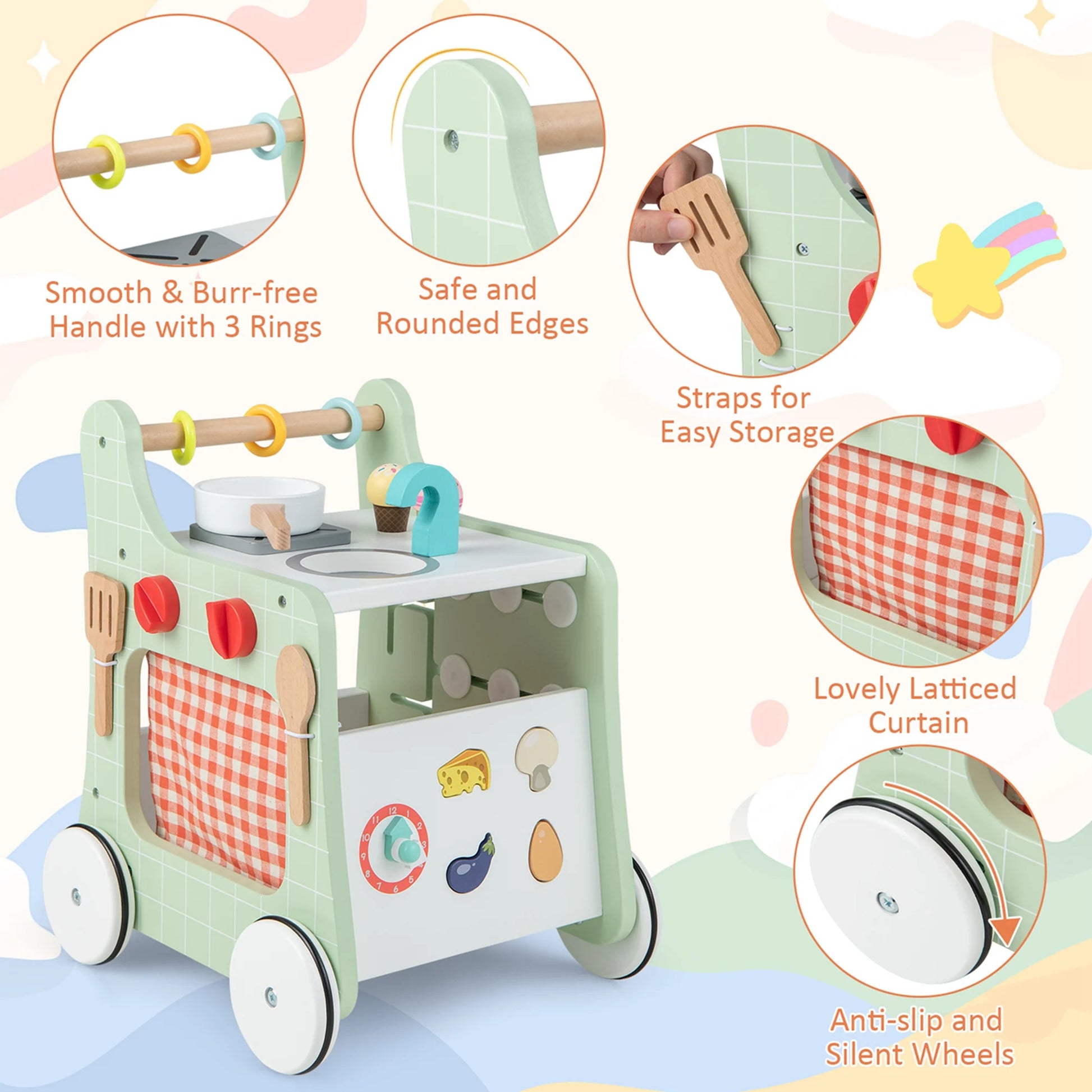 6-In-1 Baby Push Walker Wooden Strollers Learning Activity Center Toy with Kitchen 12+ Months+