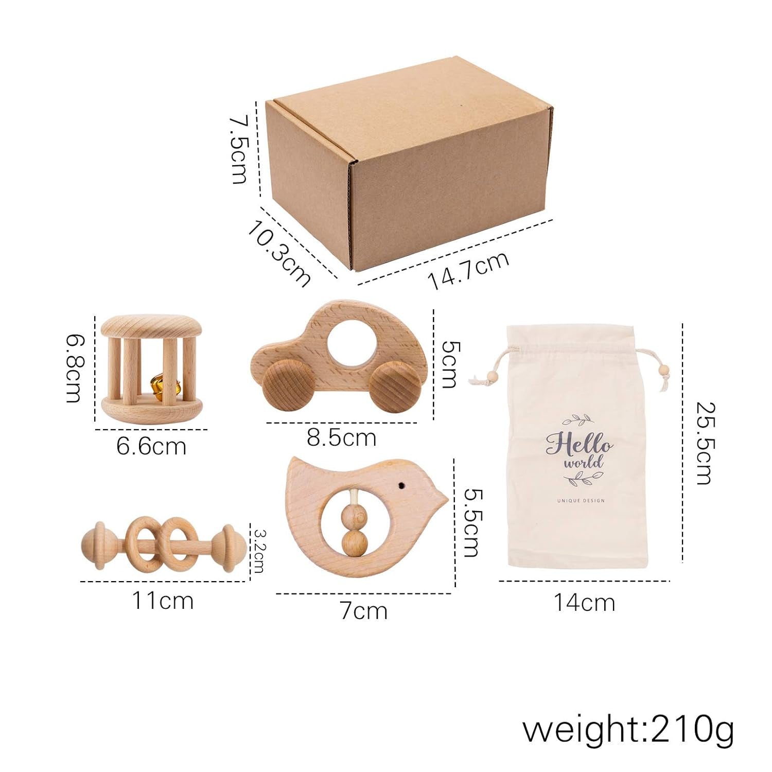 Wooden Baby Toys Montessori Toys Set Wooden Rattles Grasping Toys Wood Ring 4Pcs,Car Toy Set