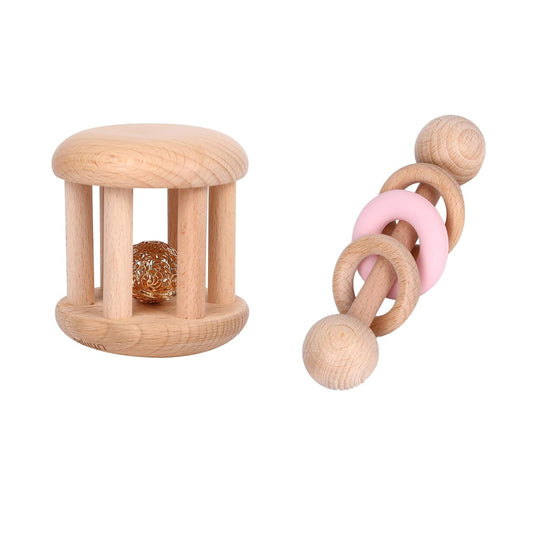 Wooden Baby Toys Wooden Rattle Toys, Baby Starter Toys Baby Grasping Bells Teething Toys, Baby Crawling Toys, Newborn Toys Gifts (Pink)