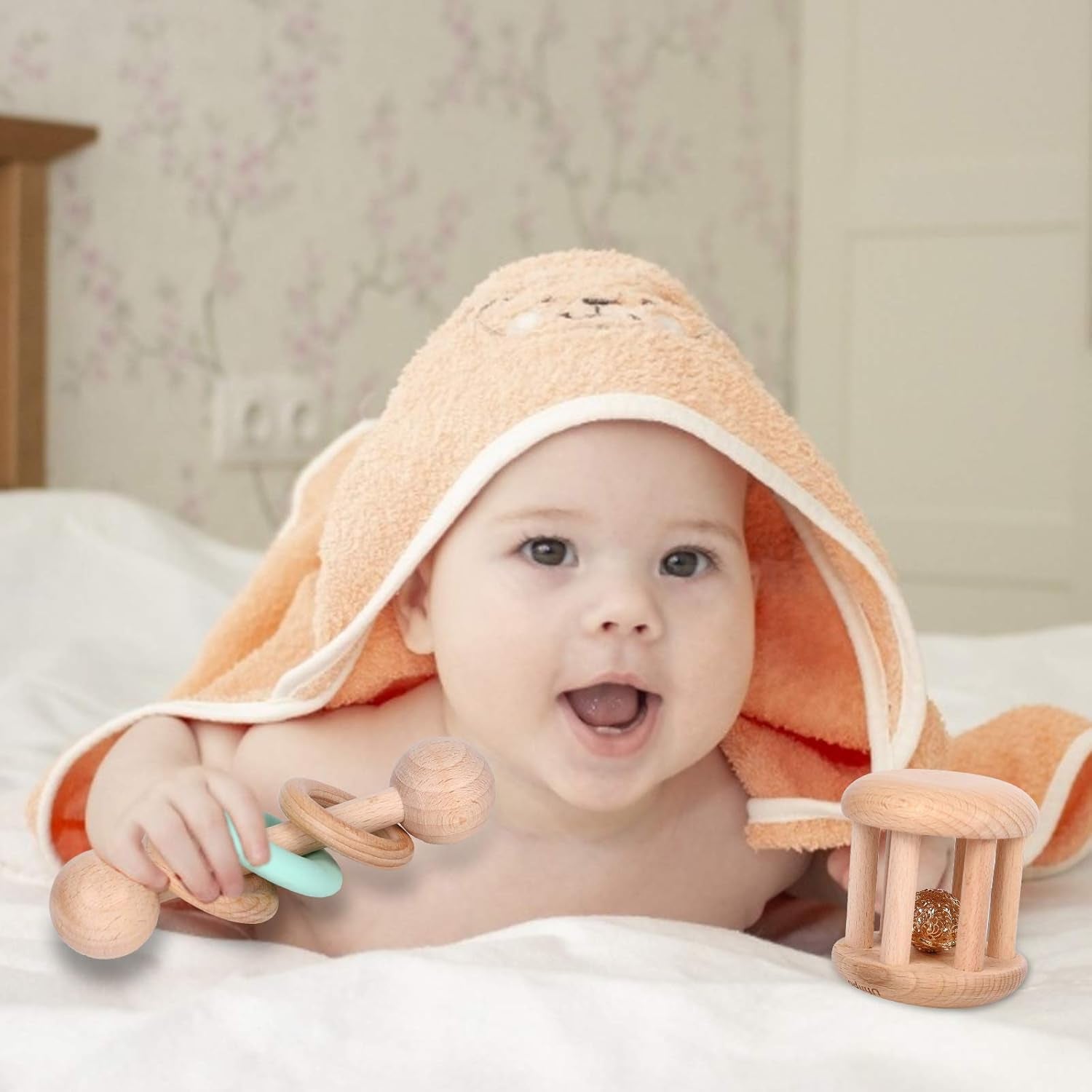 Wooden Baby Toys Wooden Rattle Toys, Baby Starter Toys Baby Grasping Bells Teething Toys, Baby Crawling Toys, Newborn Toys Gifts (Green)