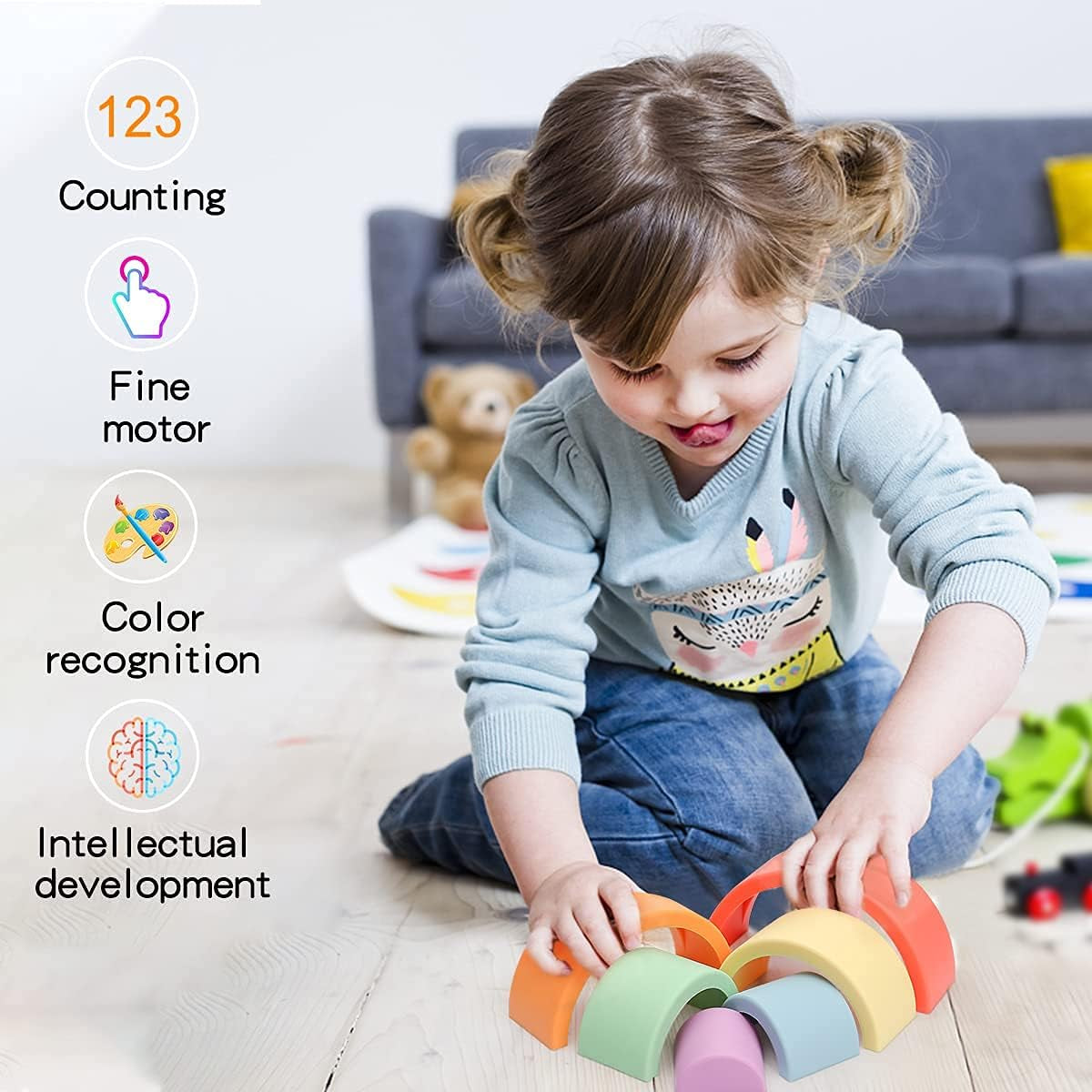 Rainbow Stacker Toys 6Pcs Building Blocks Set Silicone Stacking Toy Early Matching Educational Montessori Toys , Orange Series