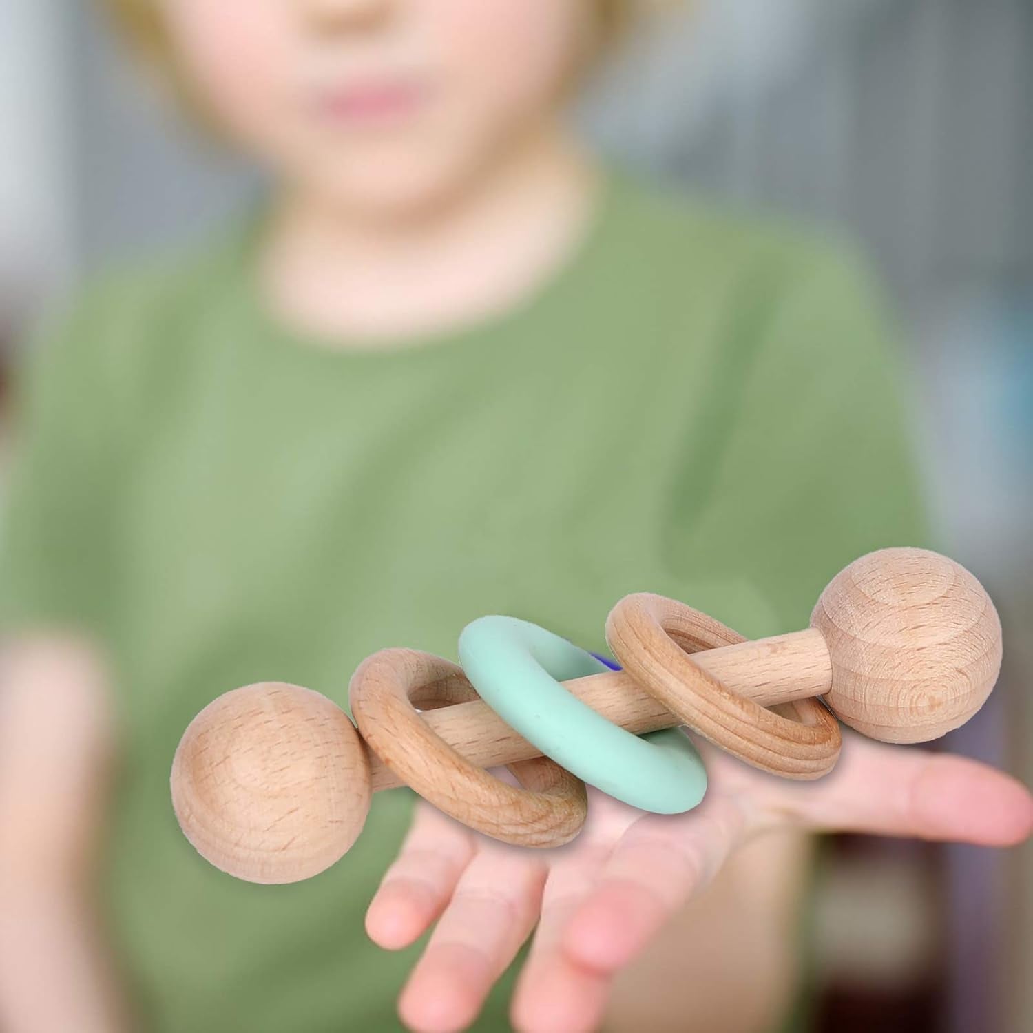 Wooden Baby Toys Wooden Rattle Toys, Baby Starter Toys Baby Grasping Bells Teething Toys, Baby Crawling Toys, Newborn Toys Gifts (Green)
