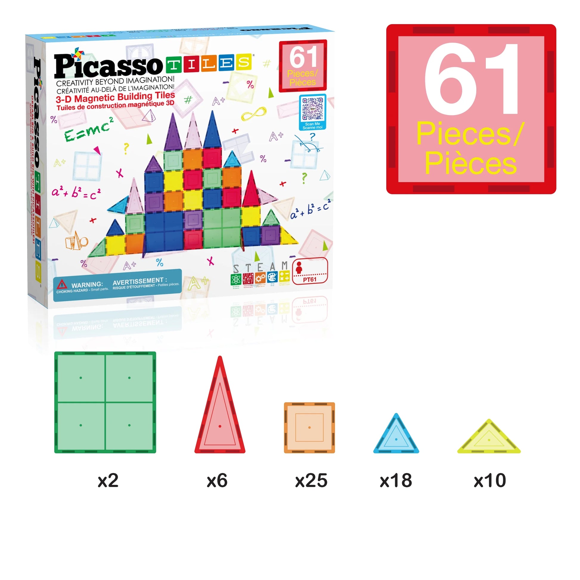 PICASSO-TILES Magnetic Tiles for Kids 61PCS Construction STEM Building Blocks Educational Toy